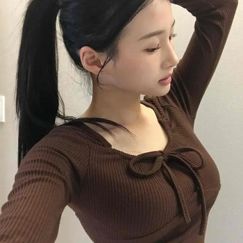 Slim Fit Ribbon Tie Square Neck Long Sleeve Knit T-shirt