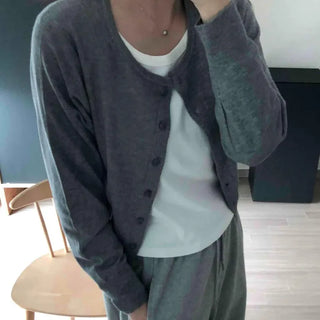 V-Neck Puff Shoulder Button-Up Short Knit Cardigan