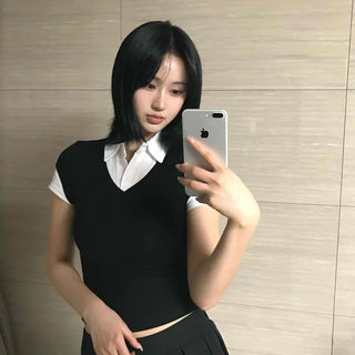 Faux Collar Layered V-Neck Short Sleeve T-Shirt