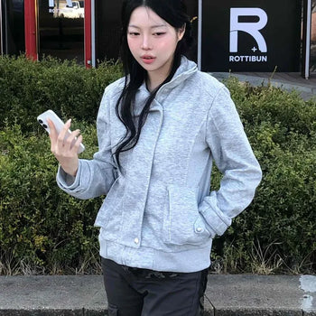 Loose Fit Snap Pocket High-Neck Zip-Up