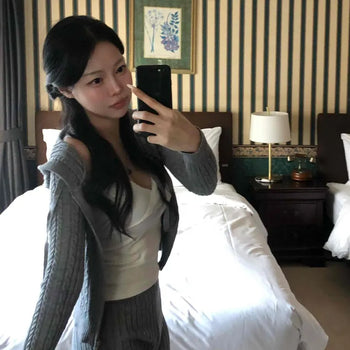 Cable Knit Half-Neck Loose Fit Zip-Up Cardigan