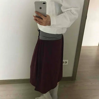 Striped Waistband Pintuck A-Line Midi Skirt