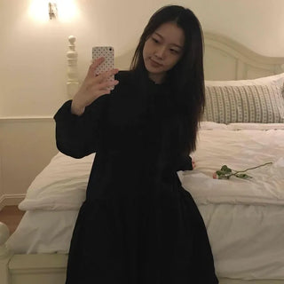 Ribbon Tie Frill Collar Pleated Mini Dress