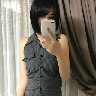 Halterneck Striped Sleeveless Collared Shirt