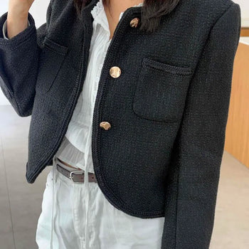 Rose Button Piping Round Neck Short Tweed Jacket