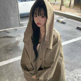 Plain Oversized Long Field Jacket with Hood, Flap Pocket, and Drawstring