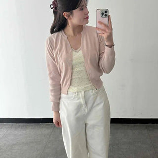 V-Neck Short Front-Folding Knit Cardigan