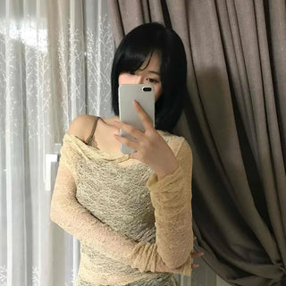 Lace-trimmed Slim Fit Boat Neck Long Sleeve Camisole Set T-shirt