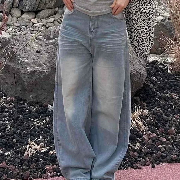 Washed Button Wide Loose Fit Long Pants