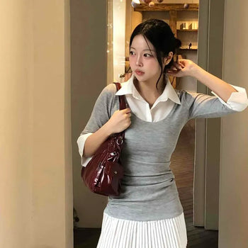 Color-block Shirt Collar Layered Side Shirred Pleated Slim Fit Mini Knit Dress