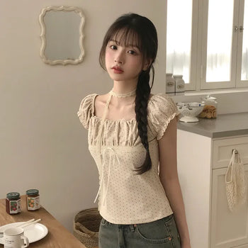 Princess Look,, Small Dot Lace Square Neck Shirred Puff Delicate Fit Tie Set Short Sleeve Blouse T-shirt