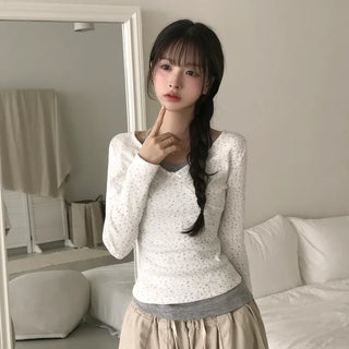 Delicate~ Soft Small Floral V-Neck Ribbon Shirring Slim Delicate Fit Long Sleeve T-Shirt