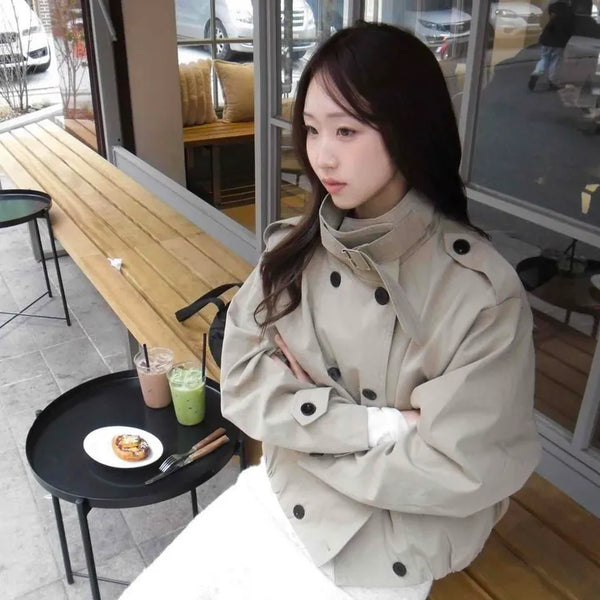 Flat Collar Epaulet Sleeve Tab Shirred Hem Short Trench Jacket