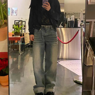 Thigh-Wrinkle Whisker Loose Fit Wide Jeans