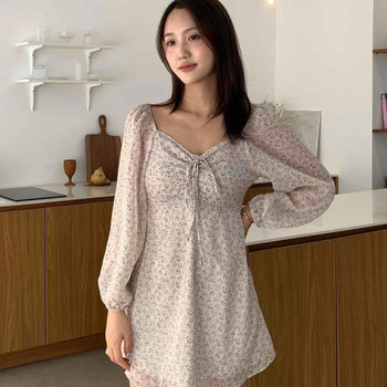French V-neck Ribbon Frill Puff Sleeve Flower Mini Dress