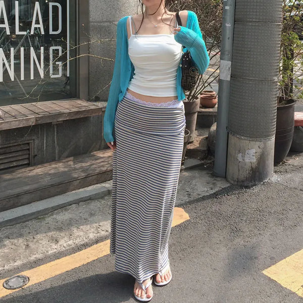 Tevison striped folding long skirt