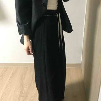 Straight Pintuck Wide Slacks with Waist Tie