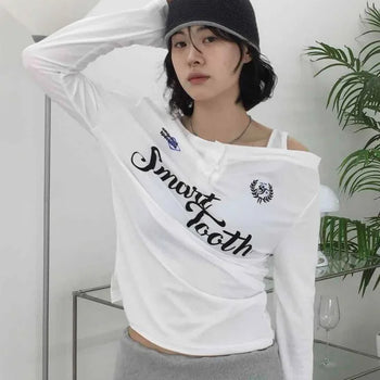 One-Off Shoulder Lettering Placket Neck Loose Fit Long Sleeve T-Shirt