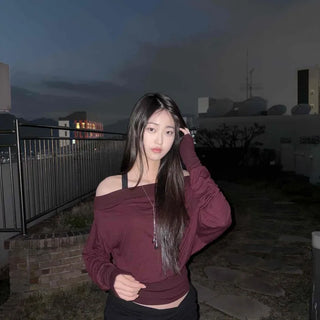 Loose Fit Asymmetrical Off-Shoulder Half-Off-Shoulder Ribbed Elastic Short Long Sleeve T-shirt