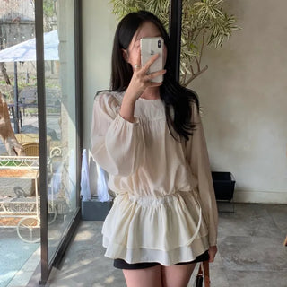 Sorbet Shirred Flare String Puff Blouse