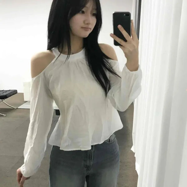 Off-shoulder Wrap Puff Sleeve Round Neck Blouse