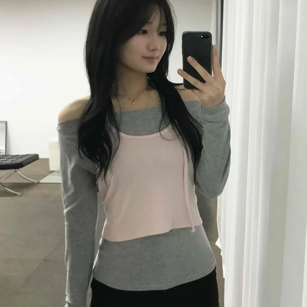 Long-Sleeve T-Shirt with Strap Tie Camisole Layer