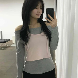 Long-Sleeve T-Shirt with Strap Tie Camisole Layer