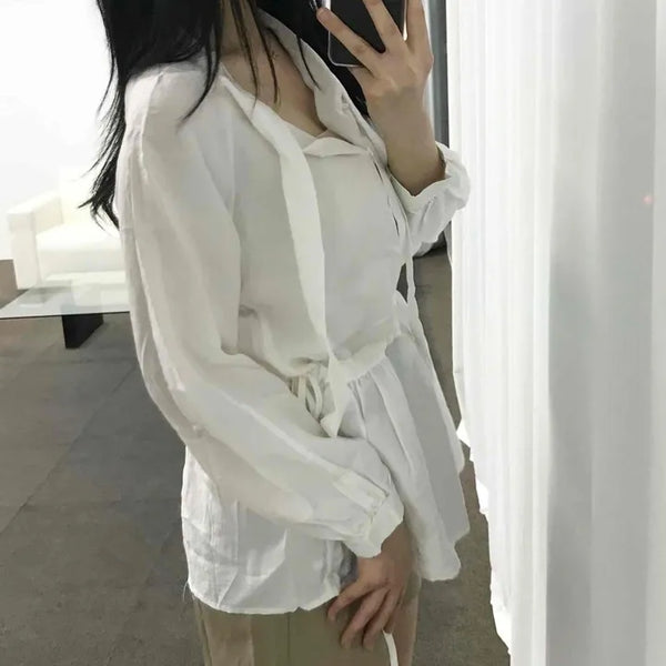 Ribbon Tie-Neck Shirred Sleeve Peplum Blouse
