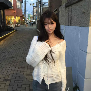 Loose Fit See-through Front-Strap V-Neck Twin Knit Cardigan