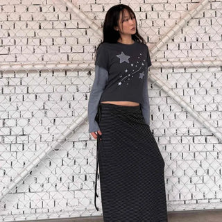 Boxy Fit Star Embroidery Layered Round Neck Long Sleeve T-shirt