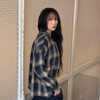 Loose-fit Check Pattern Basic Collar Long Shirt