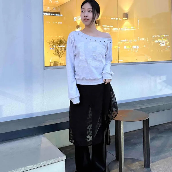 Numbering Eyelet Wide Neck Loose Fit Sweatshirt