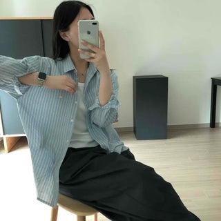 Oversized Striped Back-Pleated Long-Sleeve Shirt