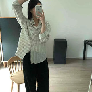 Loose Fit Long Striped Pocket Shirt with Back Yoke Pleats