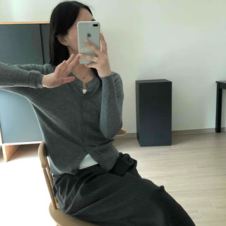 Slim Fit Round Neck Button-Detail Knit Cardigan