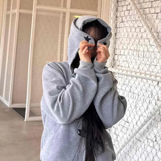 Loose-fit Star Embroidery Hand-drawn Animal Ear Zip-up Hoodie