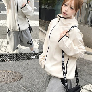 Unisex River Casual Chic Color Block Waffle Diagonal Zip-Up Hoodie (2 colors)
