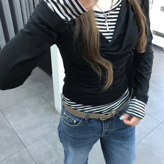 Lu Innocent Hip Striped Drape Layered Tee (2 colors)
