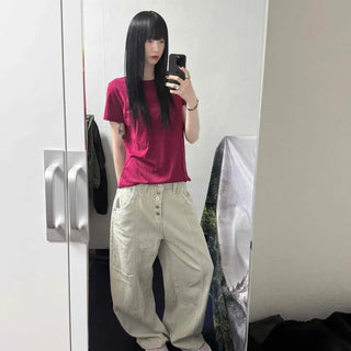Straight Front Button Short Cargo Elastic Waist Long Pants