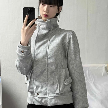 Neck Button Double Zipper Wrist Snap High-Neck Training Zip-Up