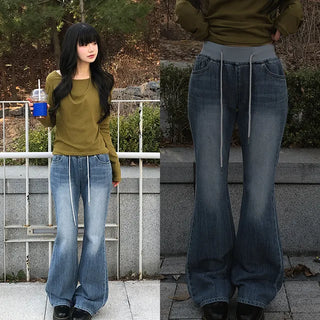 Swirl Elastic Waist Color Block Low Bootcut Denim Pants