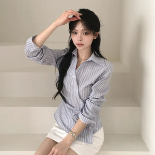 Guaranteed Beauty, Striped Diagonal Button Shirred Slimming Delicate Fit Wrap Blouse Long Sleeve Shirt