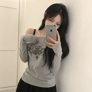 Slimming Boat Neck One-Off Shoulder Cross Chain Print Delicate Fit Long Sleeve T-shirt