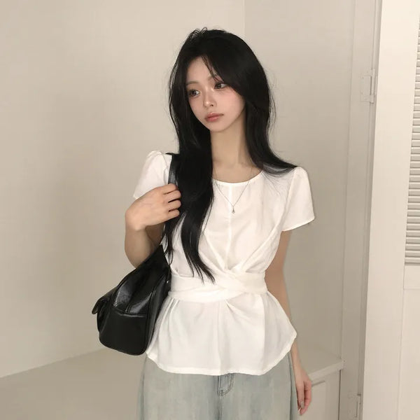 Innocent Mood, Twisted Wrap Waist Cinched Back Ribbon Strap Round Neck Slim Delicate Fit Short Sleeve Blouse