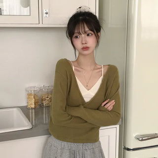 Soft, Olive Deep V-Neck Delicate Slim Fit Wrap Long Sleeve Knit