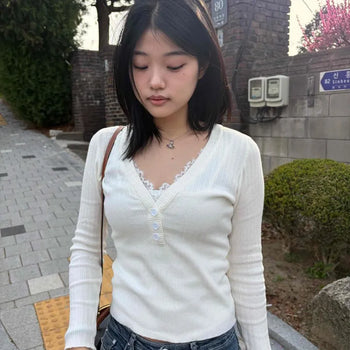 Slim Fit Lace Square Neck Rib Knit T-shirt