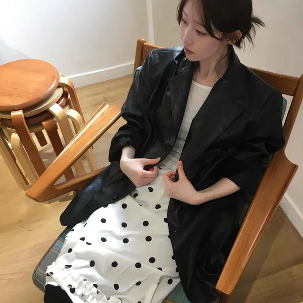 Vintage semi-oversized single-button leather tailored jacket