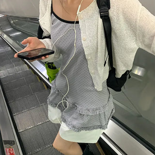 Ripping Polka Dot Color Block Frill Layered Sleeveless Top