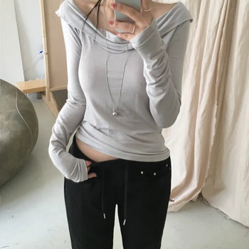 Incense Off-Shoulder One-Shoulder U-Neck Long-Sleeve Basic T-Shirt