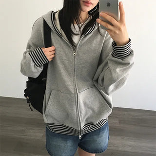 Jayni Striped Color Block Zip-up Hoodie